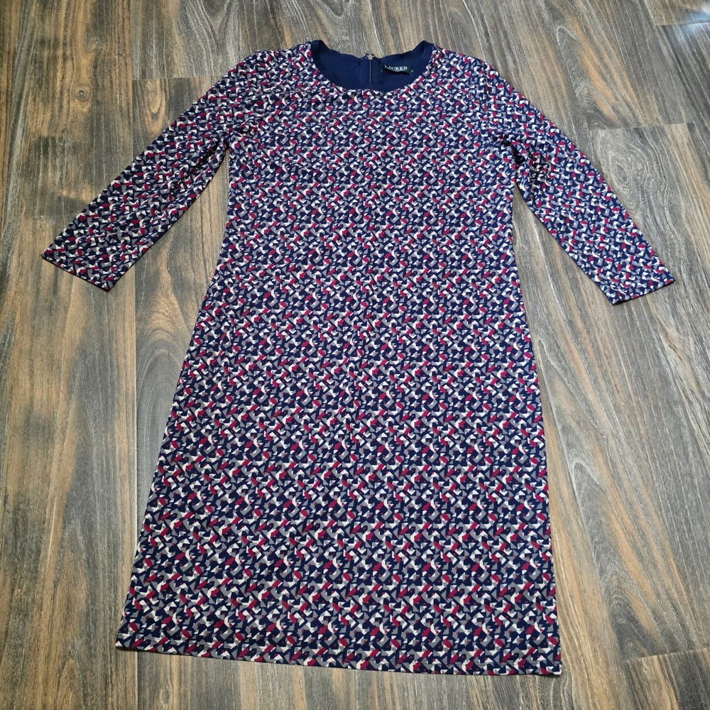 Lauren Ralph Lauren Womens Navy Red Geometric Sheath Dress 3/4 Sleeve Large